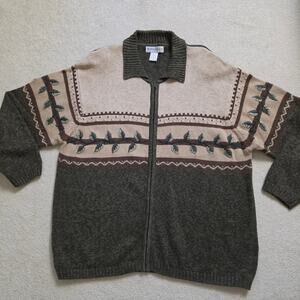 Vintage Dressbarn 18/20 Full Zip Cardigan Sweater Embroidered Leaf Branch Green